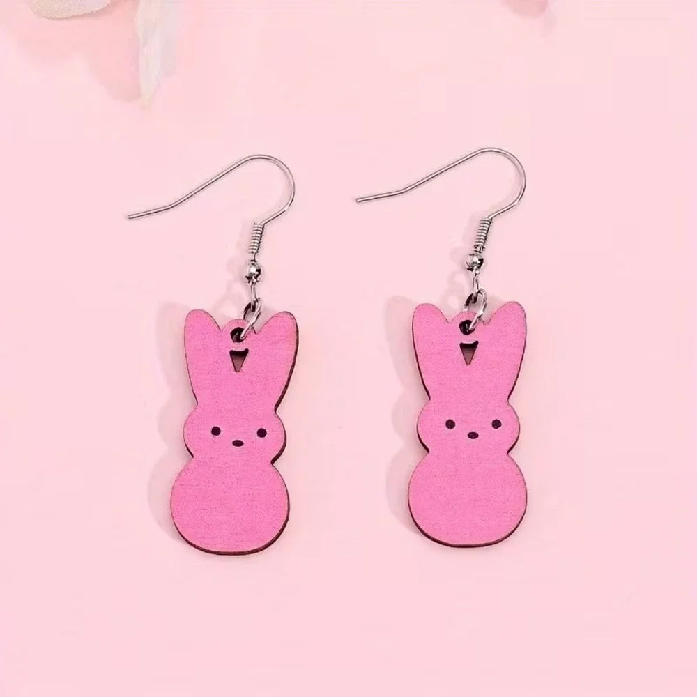 Pink Peep Bunny Earrings Cute Easter Kawaii Wooden Dangle Jewelry‎